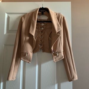 Beige Cropped Jacket with Shoulder Pads